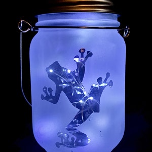 May include: A frosted glass jar with a metal lid and a wire handle. The jar has a silhouette of a frog with a string of lights inside.