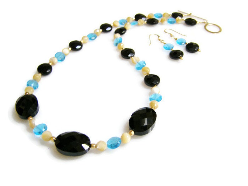 Striking Black and Aqua Necklace Set Black Onyx with Swiss Blue Quartz Necklace and Earrings with MOP and 14K Gold Fill Gift For Her.