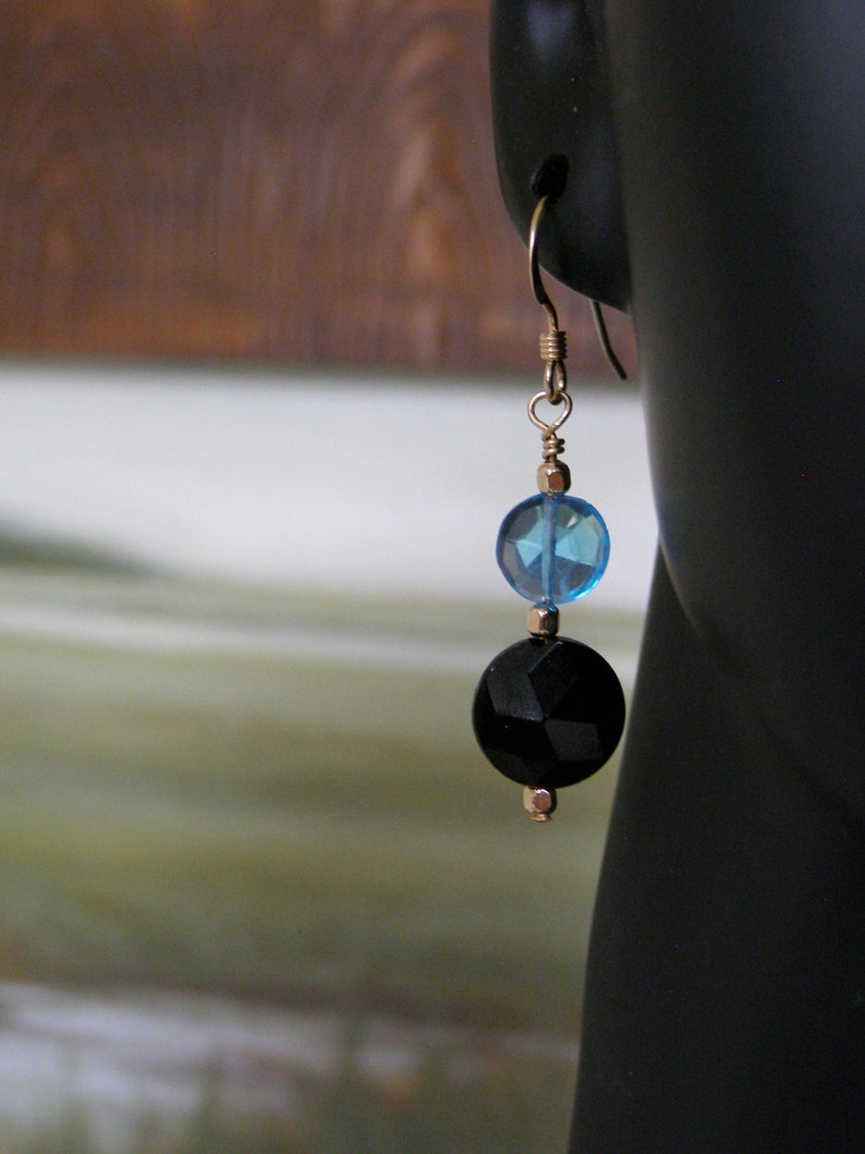 Striking Black and Aqua Necklace Set Black Onyx with Swiss Blue Quartz Necklace and Earrings with MOP and 14K Gold Fill Gift For Her.