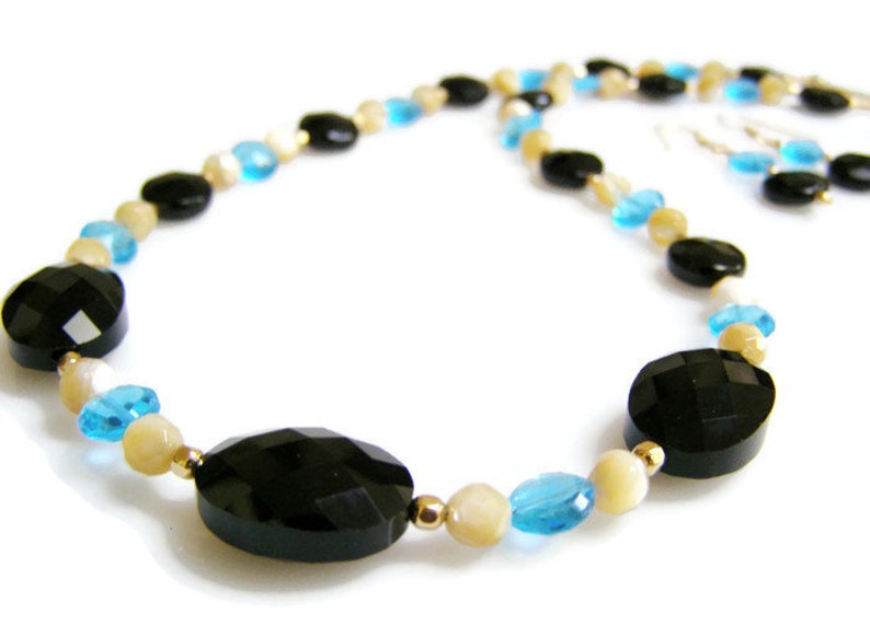 Striking Black and Aqua Necklace Set Black Onyx with Swiss Blue Quartz Necklace and Earrings with MOP and 14K Gold Fill Gift For Her.