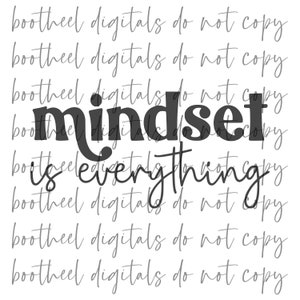 May include: Black and white graphic text design with the words "Mindset is everything" repeated multiple times. The words "Mindset is everything" are in a larger font size and are centered in the design.