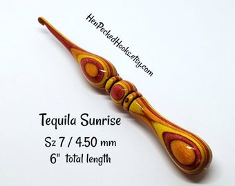 Hand-turned -Tequila Sunrise - SpectraPly™ Ergonomic Wood Crochet Hook  Sz 7 / 4.50 mm