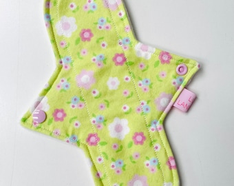 10” Liner | Reusable Cloth Pad | Pink Flowers on Green Flannel