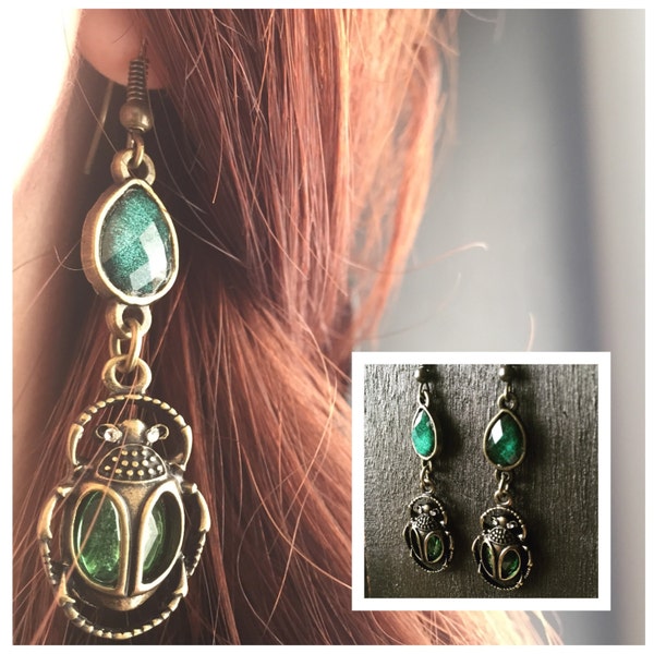 Scarab Beetle Earrings - Bettle Earrings - Scarab Earrings - Scarab Jewelry - Beetle Jewelry - Egyptian Jewelry - Green Earrings
