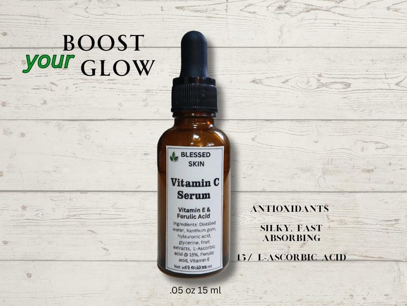 May include: A brown glass bottle of Vitamin C Serum with a black dropper. The label reads "Blessed Skin Vitamin C Serum" with ingredients listed. Text above says "Boost your Glow". The bottle contains .05 oz / 15 ml.