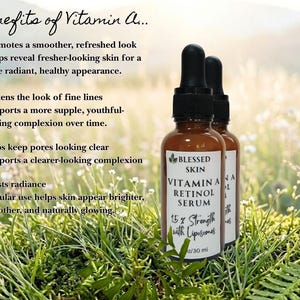 Two bottles in a field of Vitamin A Retinol Face Serum.  The words on the side explain the benefits, such as, boost radiance, helps keep pores clear, and promotes a smoother and clearer skin radiance.