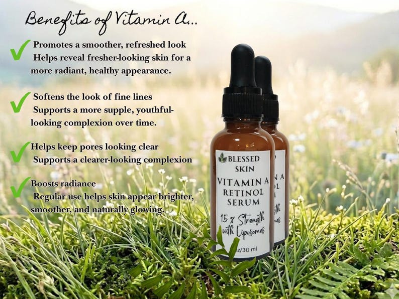 Two bottles in a field of Vitamin A Retinol Face Serum.  The words on the side explain the benefits, such as, boost radiance, helps keep pores clear, and promotes a smoother and clearer skin radiance.