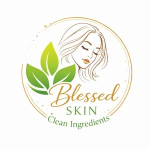 May include: A circular logo featuring a line-art illustration of a person with flowing hair, three vibrant green leaves, and the gold and green text Blessed SKIN Clean Ingredients, all enclosed within a thin gold circular border on a white background.