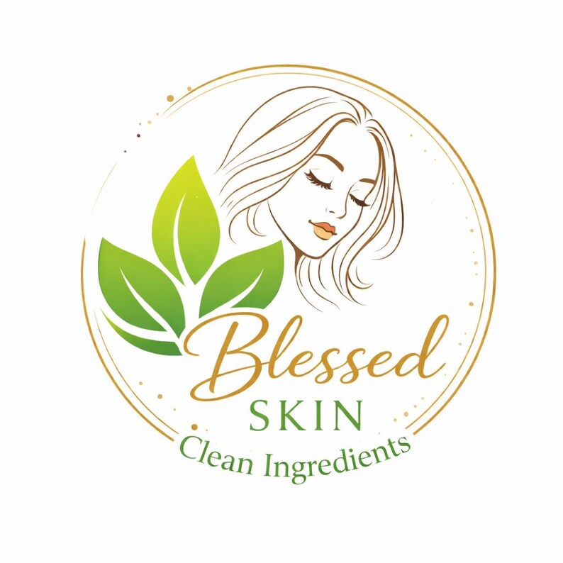 May include: A circular logo featuring a line-art illustration of a person with flowing hair, three vibrant green leaves, and the gold and green text Blessed SKIN Clean Ingredients, all enclosed within a thin gold circular border on a white background.