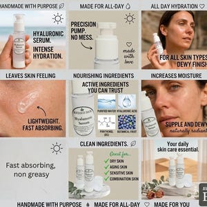 May include: A collection of images showcasing Blessed Skin Hyaluronic Serum in a clear pump bottle. The visuals highlight the serum's lightweight texture, the precision pump dispenser, and its application on skin for a dewy, hydrated finish.
