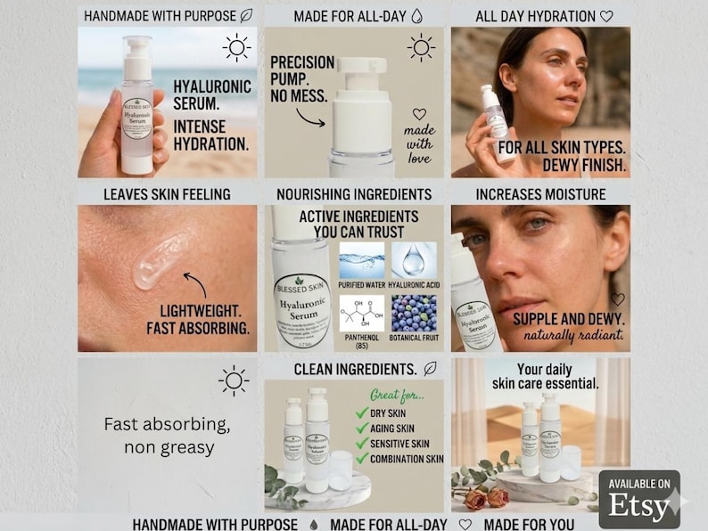 May include: A collection of images showcasing Blessed Skin Hyaluronic Serum in a clear pump bottle. The visuals highlight the serum's lightweight texture, the precision pump dispenser, and its application on skin for a dewy, hydrated finish.
