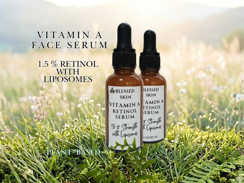 May include:  Two bottles of Retinol serum in a field with 1.5 % Retinol with liposomes.