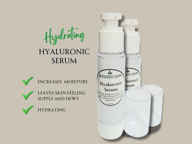 May include: Two clear plastic pump bottles of Blessed Skin Hyaluronic Serum with white caps. The label lists ingredients and 1.7 oz volume. Text reads: Hydrating, Hyaluronic Serum, Increases Moisture, Leaves Skin Feeling Supple and Dewy, Hydrating.