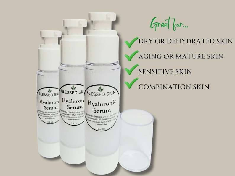 May include: Three clear plastic pump bottles of Blessed Skin Hyaluronic Serum, each labeled 1.7 oz. Next to the bottles, text lists skin types: Dry or Dehydrated, Aging or Mature, Sensitive, and Combination, each marked with a green check mark.