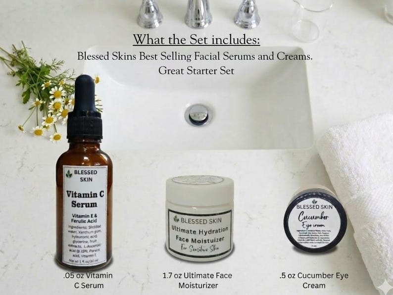 May include: A skincare set featuring a brown glass bottle of Vitamin C Serum, a white jar of Ultimate Face Moisturizer, and a small black jar of Cucumber Eye Cream. The set includes .05 oz Vitamin C Serum, 1.7 oz Ultimate Face Moisturizer, and .5 oz Cucumber Eye Cream.