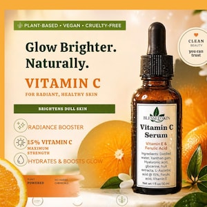 May include: A Vitamin C Serum bottle with a dropper, set against a backdrop of orange slices. The label reads "Blessed Skin Vitamin C Serum" with ingredients listed. Text includes "Glow Brighter. Naturally." and "15% Vitamin C".