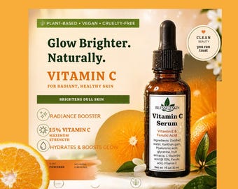 Glow Boosting Vitamin C Face Serum, Clean Beauty Skincare, Plant-Based – L-Ascorbic Acid & Ferulic Acid | Vegan