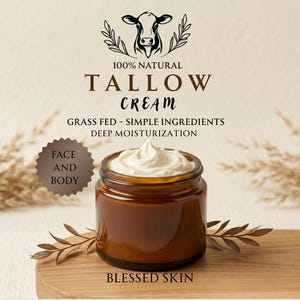 May include: A brown glass jar filled with white tallow cream, featuring text that reads 100% NATURAL TALLOW CREAM, GRASS FED - SIMPLE INGREDIENTS, DEEP MOISTURIZATION, FACE AND BODY, and BLESSED SKIN, topped with a cow illustration.