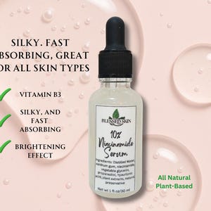 Infographic showing lightweight Vitamin B3 Niacinamide serum for fast absorption and skin brightening effects on all skin types.