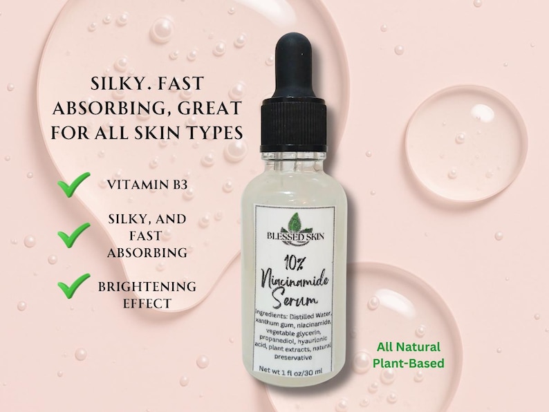 Infographic showing lightweight Vitamin B3 Niacinamide serum for fast absorption and skin brightening effects on all skin types.