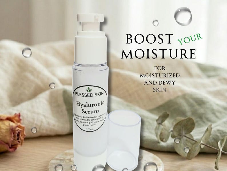 May include: A clear plastic pump bottle of Blessed Skin Hyaluronic Serum with a white cap. The label lists ingredients and 1.7 oz volume. Text on the right reads: BOOST YOUR MOISTURE FOR MOISTURIZED AND DEWY SKIN. The bottle stands next to its cap.
