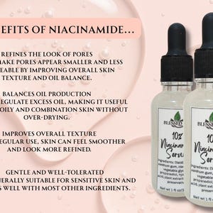 Infographic detailing benefits of Niacinamide serum for skin texture, balancing oil production, and minimizing appearance of pores.