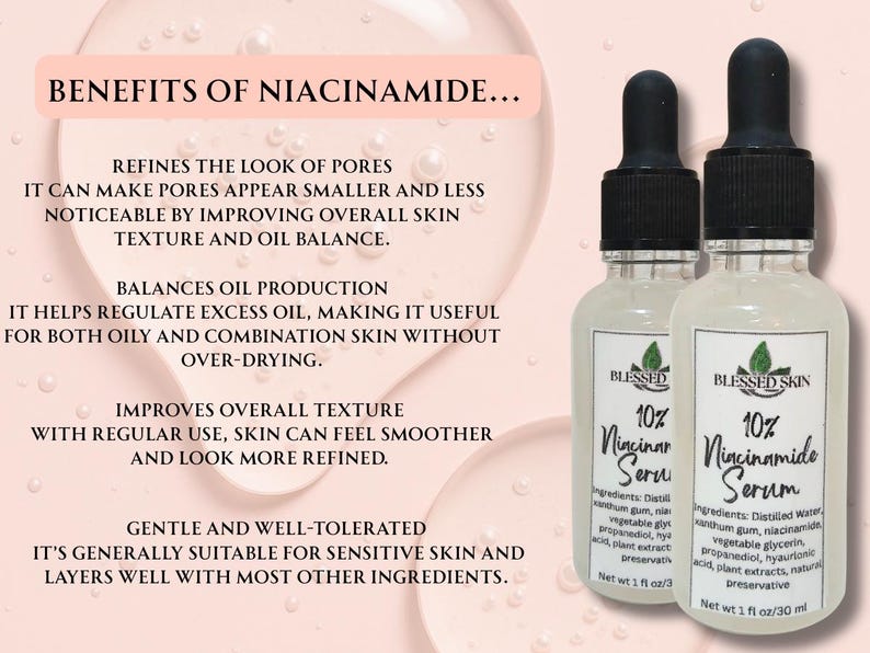 Infographic detailing benefits of Niacinamide serum for skin texture, balancing oil production, and minimizing appearance of pores.