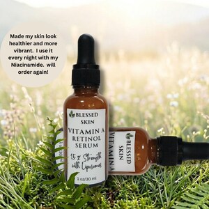 May include: a badge from a customer that say's the retinol vitamin A made her skin look healthy and vibrant.