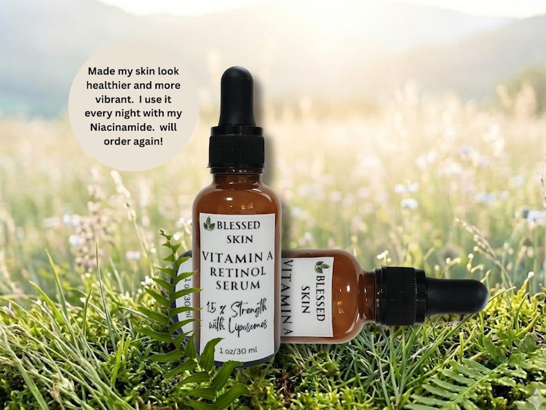 May include: a badge from a customer that say's the retinol vitamin A made her skin look healthy and vibrant.