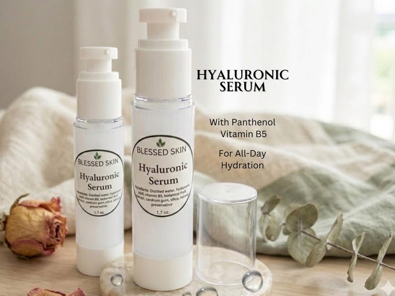 May include: Two white pump bottles of Blessed Skin Hyaluronic Serum with clear caps. The labels state Hyaluronic Serum, With Panthenol Vitamin B5, For All-Day Hydration, and 1.7 oz. The bottles contain a clear liquid and feature a green leaf logo.