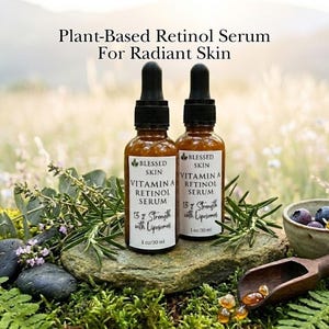 May include: Two bottles of Vitamin A Retinol Face Serum sitting on a rock, with the words Plant-Based Retinol Serum for Radiant Skin over them.  Hydrating, and nourishing skin care.