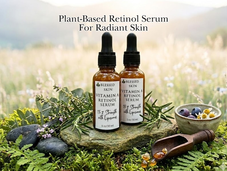May include: Two bottles of Vitamin A Retinol Face Serum sitting on a rock, with the words Plant-Based Retinol Serum for Radiant Skin over them.  Hydrating, and nourishing skin care.