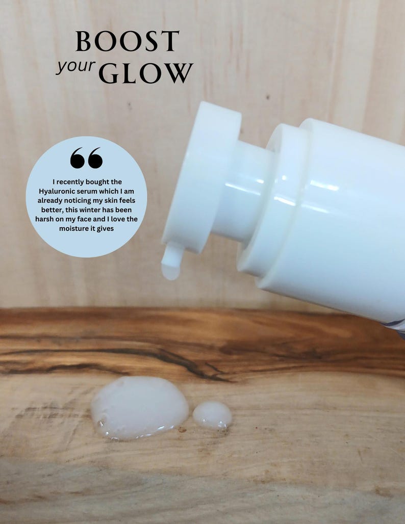 On a wooden background is a sample of the product being pumped out.  The product is white translucent in color and is the consistency of a serum.  The background slogan reads, "Boost your Glow."