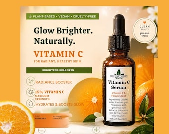 Vitamin C Serum for Dull Uneven Skin Tone, Hyaluronic Acid, Vitamin E, Ferulic Acid, Plant-Based Gentle Glow Serum, Handmade Skincare, Vegan