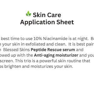 Op de afbeelding: Een wit skincare applicatieblad met de titel "Skin Care Application Sheet" en tekst die een nachtelijke skincare routine beschrijft met 10% Niacinamide, een peptideserum, anti-aging moisturizer en zonnebrandcr&egrave;me.