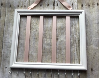 White and Blush Pink hair bow holder,nursery decor, hair accessories organizer, jewelry storage, headband and ac
