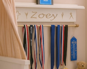 Custom Trophy Shelf | Personalized Medal & Karate Belt Display | Great for showing off Soccer, Dance, Gymnastics, Hockey, Track Awards