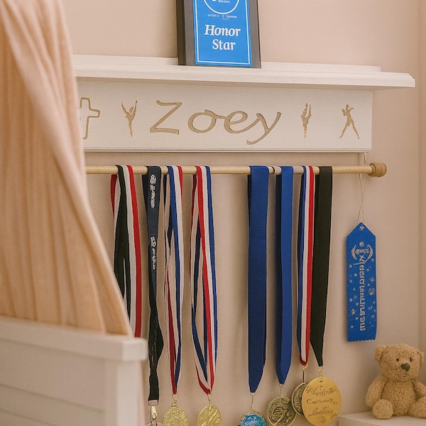 Custom Trophy Shelf | Personalized Medal & Karate Belt Display | Great for showing off Soccer, Dance, Gymnastics, Hockey, Track Awards