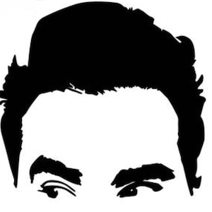 May include: Black and white silhouette of a person's face, showing only the forehead, eyebrows, and eyes. The person has short, styled hair.