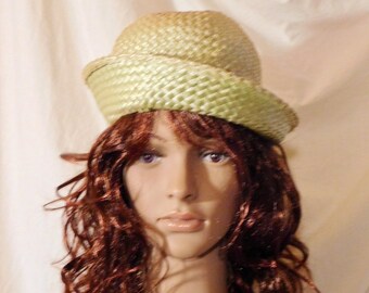 Vintage Straw Hat Avocado Green Straw Hat Grossgrain Ribbon Gold Buckle Straw Tilt Hat