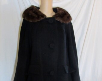 Vintage Black Coat Brown Mink Collar 1960s Winter Coat Mink Collar