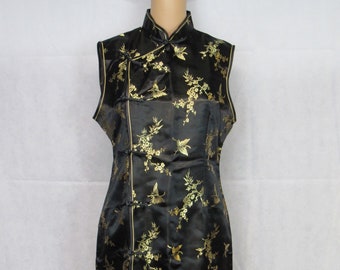 Laogudai Black And Gold Dress Asian Butterflies Frog Closure Knee Length Sleeveless Vintage Asain Silk Satin Dress