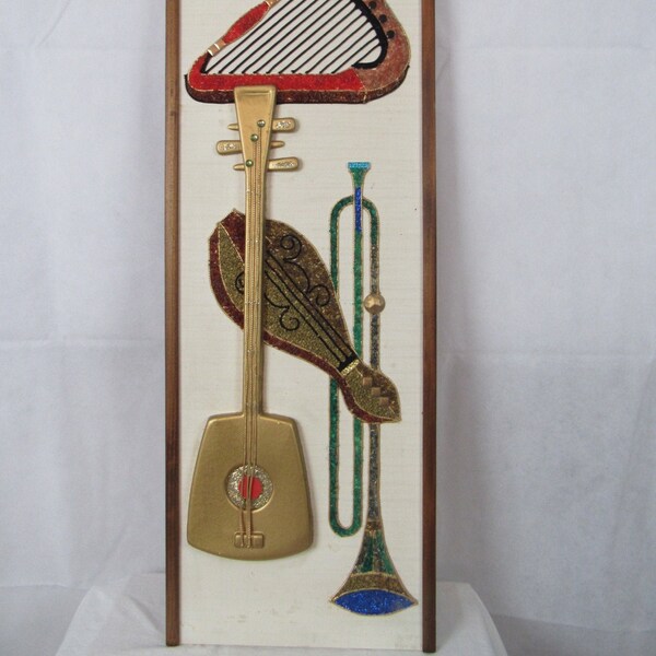 1960s Pebble Art Gravel Art Lute Harp Horn Music Lovers Art MCM Wall Art