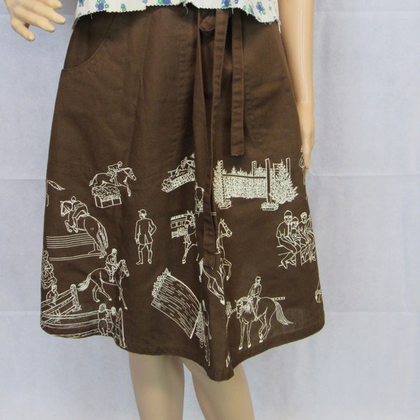 Vintage 1970s Flamstead of Vermont Novelty Print Wrap Skirt Equestrian Horses Jumping English Jumper