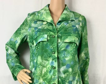 Vintage Blouse Green Floral Button Down Wide Collar 1970s Fashion