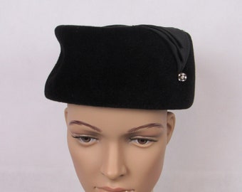 Vintage Hat Black Pillbox with Rhinestone Accent Genuine Velour Fur