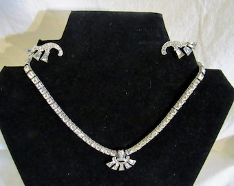 Vintage Rhinestone Necklace and Screw Back Earring Set