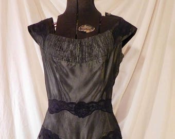 Vintage Steel Silver Black Lace Party Dress Shelf Bust Low Back