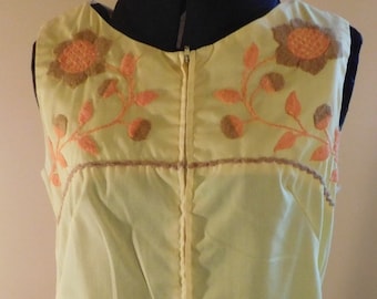 Vintage Yellow Cotton Smock Dress - Embroidered Sleeveless Sundress