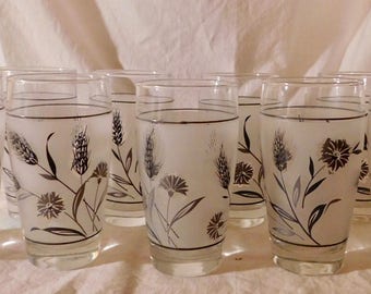 Vintage Tumblers Water Glasses Frosted Leaf Glasses Black and White MCM Glassware Set Of 9